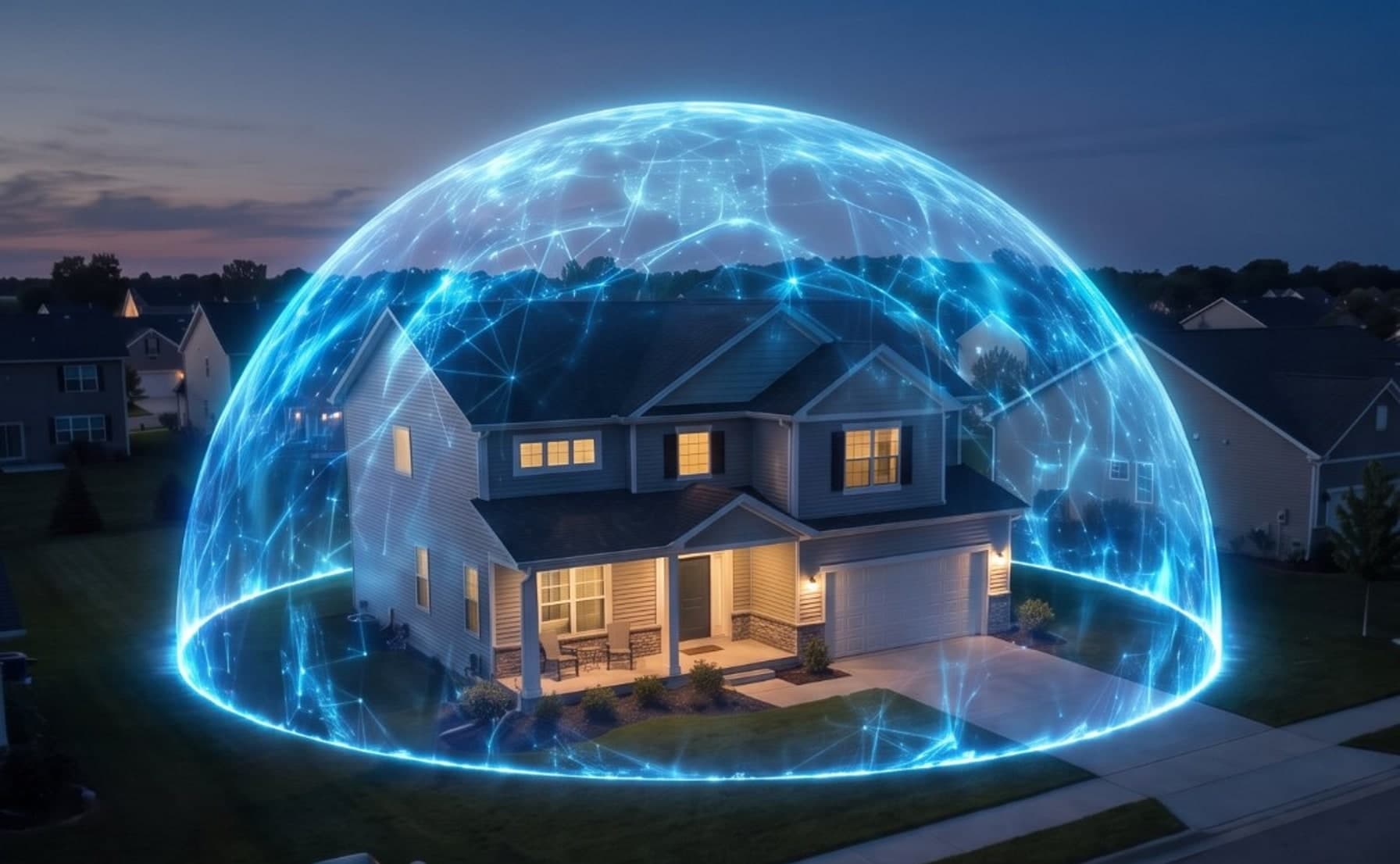 A home at dusk seen from above, inside a glowing protective dome — HomeCloak cloaking a house from the internet
